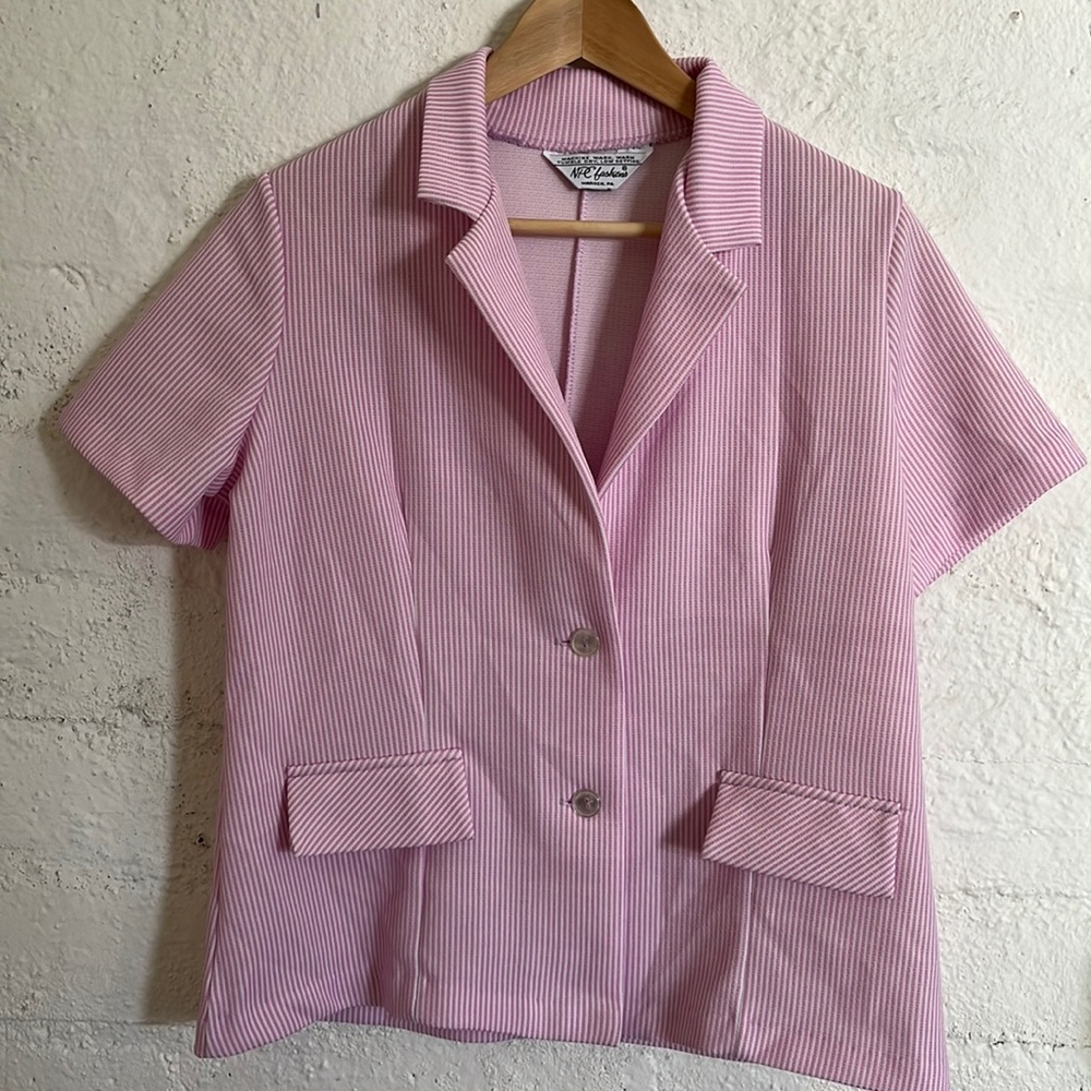 Vintage NPC Fashions pink stripe button up blouse top #18